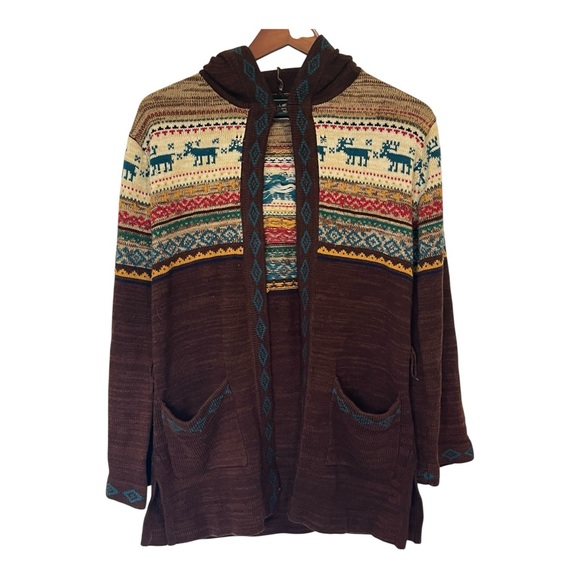 Monarch Knits Sweaters - Vintage Bell Sleeve Sweater Cardigan Southwest Nordic Aztec Pockets Hooded S/M